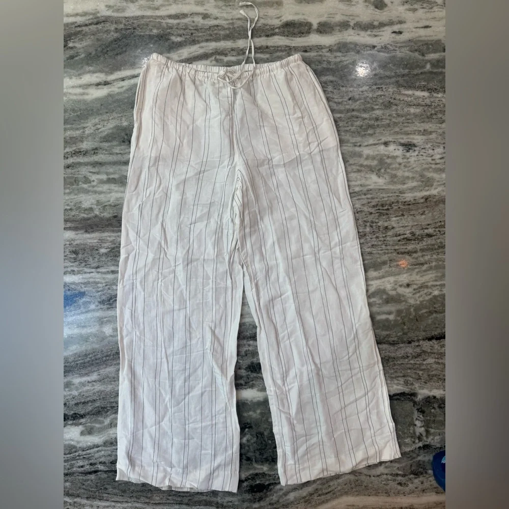 H&M Linen Blend White Striped Wide Leg Pants Size Women’s Medium